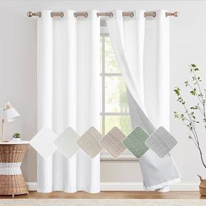 jinchan 100% Blackout Curtains for Bedroom Living Room Linen Blackout Curtains 90 Inch Long Room Darkening Curtains Linen Textured Drapes, 1 Curtain, Grommet Top, White