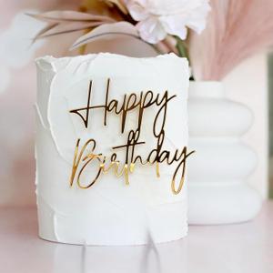 1PCS Happy Birthday Cake Topper, Gold Mirror Acrylic Boy or Girl Cake Sign Decorations, Birthday Cake Charm Supplies for Birthday Party Cake Dessert