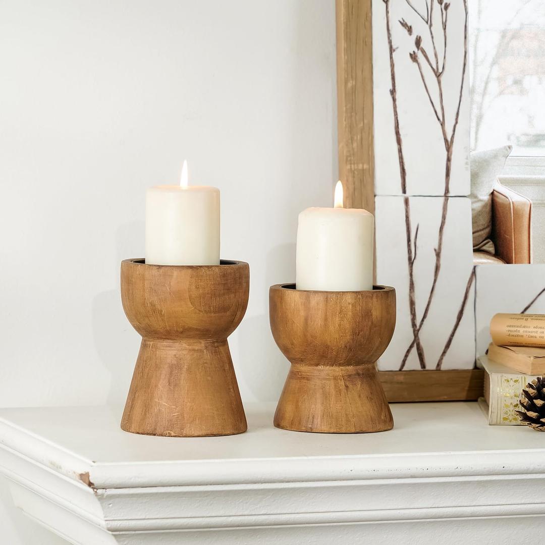 NIKKY HOME Farmhouse Wooden Candle Holders Set of 2, Rustic Solid Wood Pillar Candlesticks Pedestal, Fireplace Mantle Table Centerpiece Decor, Brown (4.9",4.1")