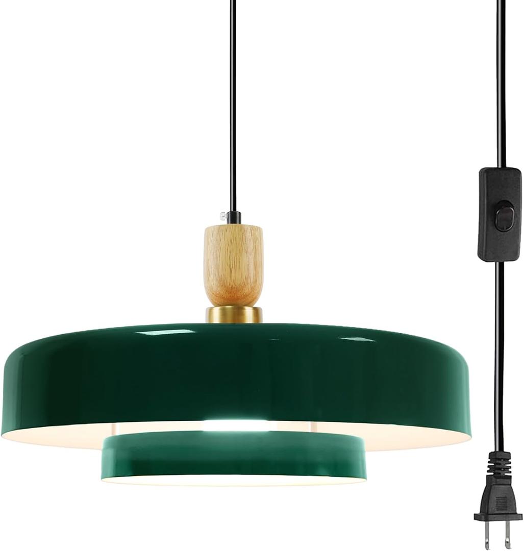 Green Plug-in Pendant Light, Mid Century Modern Hanging Lamp with Wood Accent, Adjustable Cord & On/Off Switch, E26 Base for Kitchen Island Dining Room Retro Farmhouse