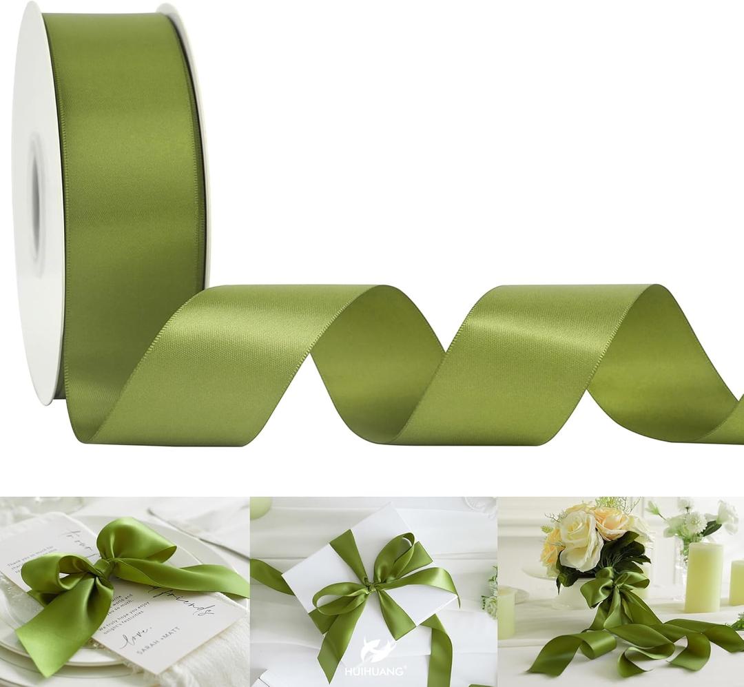 HUIHUANG Olive Green Satin Ribbon 1-1/2 inch x 50 Yards Green Double-Faced Silk Satin Ribbon for Gift Wrapping, Bows, Flower Bouquet, Eternal Roses, Crafts, Wedding Christmas Holiday Decor