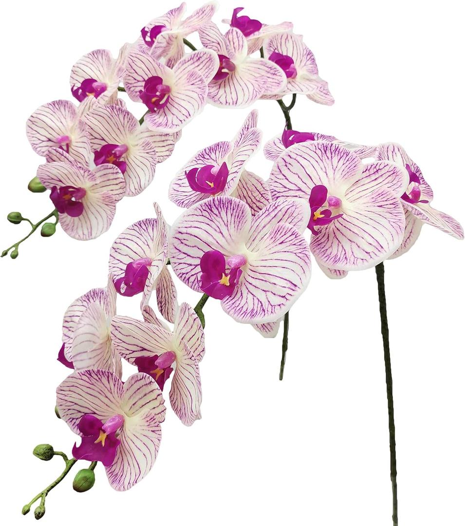 Fnize Faux Orchid Stems Artificial Flowers Phalaenopsis 38 Inch 2pcs Real Touch Latex 9 Large Petals Purple Pattern