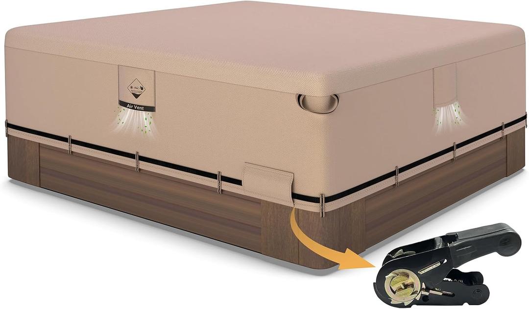 Qh.home IP65 Waterproof Hot Tub Cover, Wind & UV Resistant 600D Polyester 90x90 Spa Cover for Hot Tub, with Ratchet Strap System, Fits 89 x 89, 88 x 88,87x 87 Square SPA,Wheat
