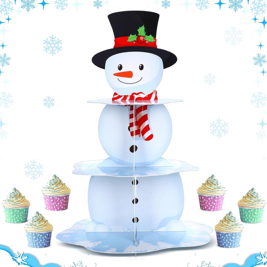 3 x Zopeal 3 Tier Winter Cupcake Stand Snowman Cake Holder Cardboard Xmas Cupcake Holder Snowflake Round Shape Cake Stand for Winter Frozen Holiday New Year Wedding Birthday Party Supplies