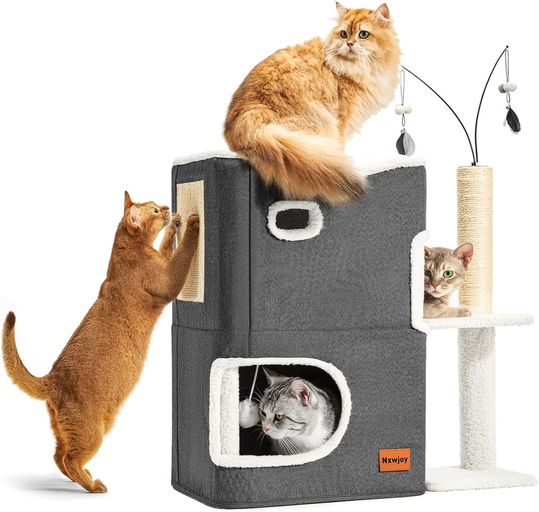 Cat House for Indoor Cats Adults Bed Tower with Scratching Post and Hideaway Cat Condo Cave and Cat Toys for Multi Pets Kitten Large Cats Beds Dark Grey