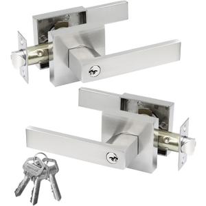 JO.KO 2 Pack Entry Door Lock Set, Different Key Square Door Lever for Bedroom, Passage Door Privacy Locking Interior/Exterior Entry Door Knob/Heavy Duty (Satin Nickel)