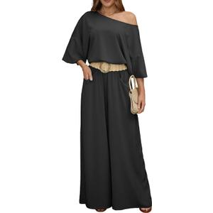 2-Piece Sets for Women Flowy Wide-Leg Pants with Elegant Off-Shoulder Lantern Sleeve Blouse Set (Black, XXL)