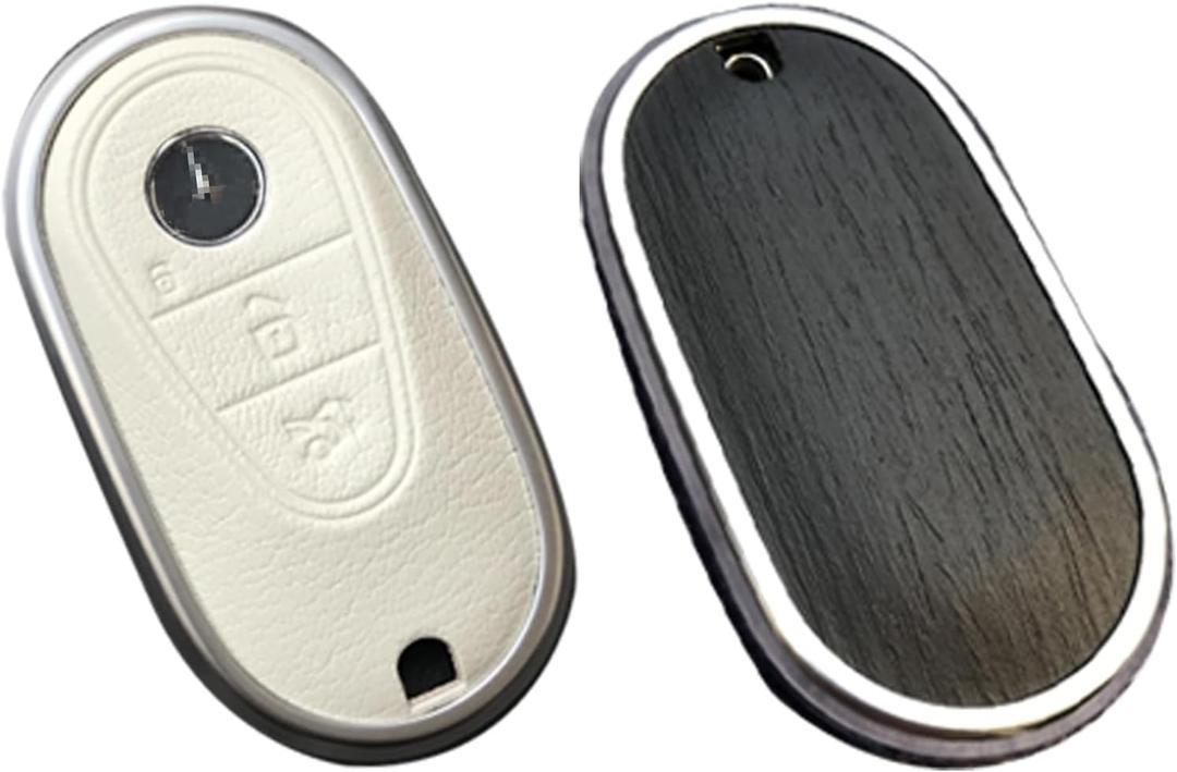 Compatible with Mercedes Benz Key case Key fob Cover Real Wood Veneer Genuine Leather Key Fob Shell Gift C GLC E S ect 2022-2023-newer (Anthracite Ash, White Leather)