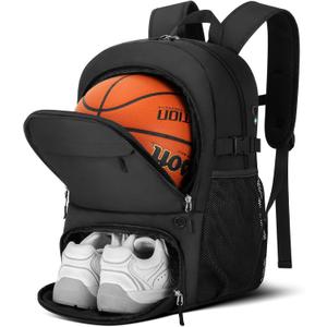 Basketball Backpack - Large Sports Equipment Bag with Ball Holder & Shoe Compartment, Sport Bags for Basketball, Soccer, Volleyball, Gym, School and Travel (Black)