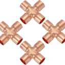 PATIKIL 1/2"(12.7mm) Copper Cross Pipe Fitting, 4 Pcs 4 Way Welding Copper End Feed Equal Pipe Connector for Plumbing Air Conditioning Refrigeration