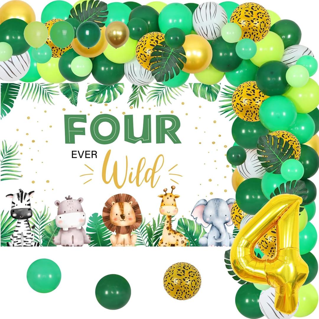 Jungle Theme 4th Birthday Decorations, Four Ever Wild Birthday Decorations Boy, Sage Green Jungle Balloon Arch Kit, Four Ever Wild Backdrop, Number 4 Foil Balloons Artificial Palm Leaves