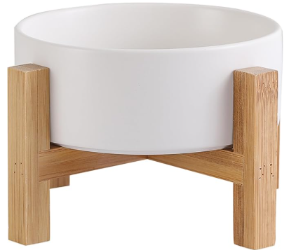 Elevated Ceramic Cat Bowl - Cat Food Bowl with Bamboo Stand - Raised Dog Dish for Puppies - Anti Vomiting, Stress Free - 13.5 oz / 400 ml - White