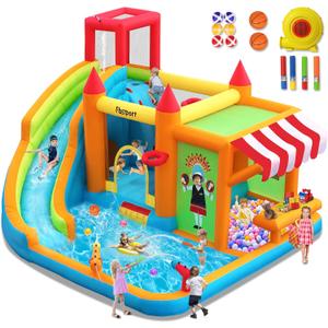 FBSPORT Inflatable Bounce House Water Slide, Bounce House for Kids with Toy Market Stand Splash Pool Bouncer Climbing Wall Water Gun Ball Dart, Bouncy Castle W/620W Blower for Outdoor Indoor, Red