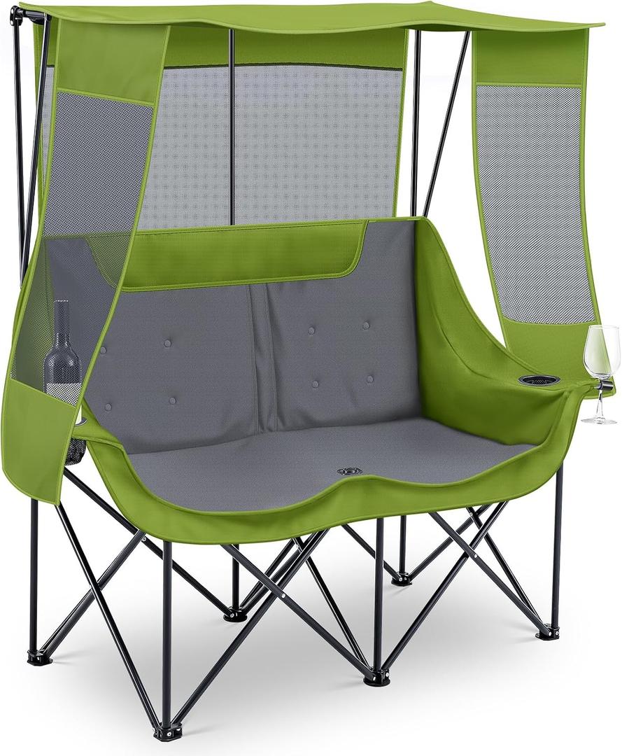Teenyyou Double Camping Chair with Canopy Shade 660lbs Heavy Duty Beach Chair, Portable Folding 2 Person Camping Loveseat with Cup Holder and Storage Bag for Lawn Beach Outdoor Sport(Geen and Grey)