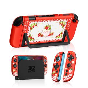 Dockable Case for Nintendo Switch 2 - Cute Kawaii Cartoon Design Soft TPU Grip Cover for Joy-Con Red Strawberry PC for Switch 2 Protective Case 2025 for Girls Boys Teens