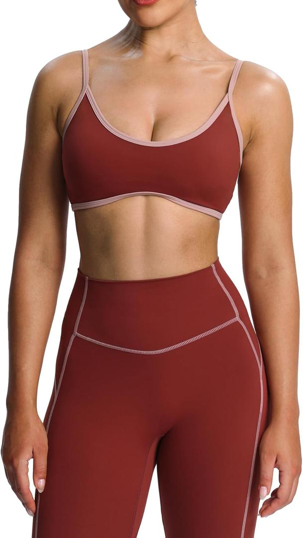 Aoxjox Women's Color Block Workout Sports Bras Fitness Lexi Lined Strappy Bra Athletic Yoga Crop Tank (Burgundy/ Woodrose, Small)
