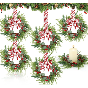 Suncalla 6 Pcs Christmas Mini Wreaths for Cabinets Bulk 7.87" Small Xmas Wreath for Kitchen Candle Ring with Glitter Red White Candy Cane Ribbon Bow Pine Berries Christmas Decor for Home Window Door