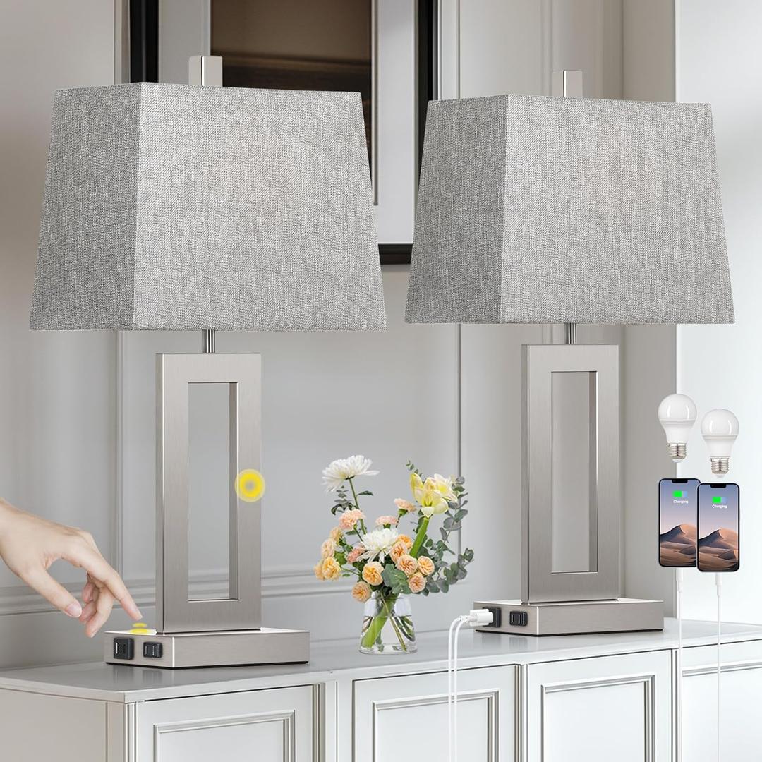Touch Control Table Lamp Set of 2, Modern Silver Bedside Lamps with USB C+A Ports & AC Outlet, 3 Way Dimmable Bedroom Lamps for Night Stands Bedroom Living Room,Nightstand Lamp