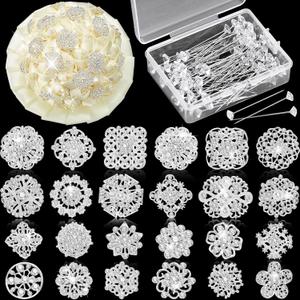124 Pcs Bouquet Pins Flower Brooch Rhinestone Diamond Brooches Crystal Corsage Boutonniere Stick Pins Embellishments for Crafting Wedding Decor Supplies(Silver)