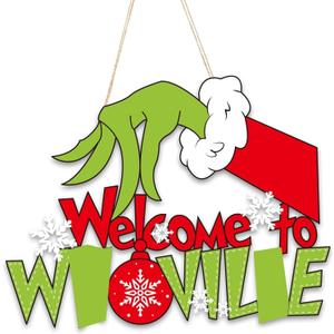 Christmas Decorations Indoor Home Decor - Welcome to Whville Wooden Door Sign with Thief Hand Hanging Christmas Decorations for Xmas Holiday Xmas Tree Home Decor Indoor Outdoor