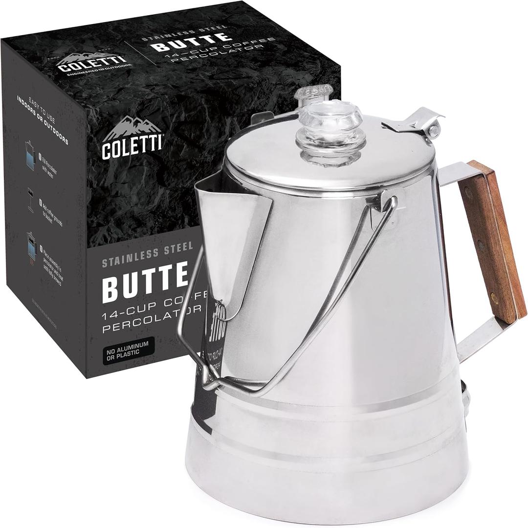 COLETTI Butte Coffee Percolator Camping  Percolator Coffee Pot, NO Aluminum or Plastic [14 Cup]