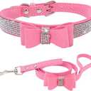 Puppy Collar and Leash, Bow tie Bling Rhinestone Crystal Diamond Cat Collars for XXS Xs Small Medium Large Pet Female Dogs Girls Kitten, Pink XXSmall