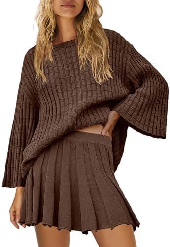 SENSERISE Fall Sweater Sets Skirt Sets Women 2 Piece Outfits Long Sleeve Top and Skirts Set Loungewear, Brown, Small