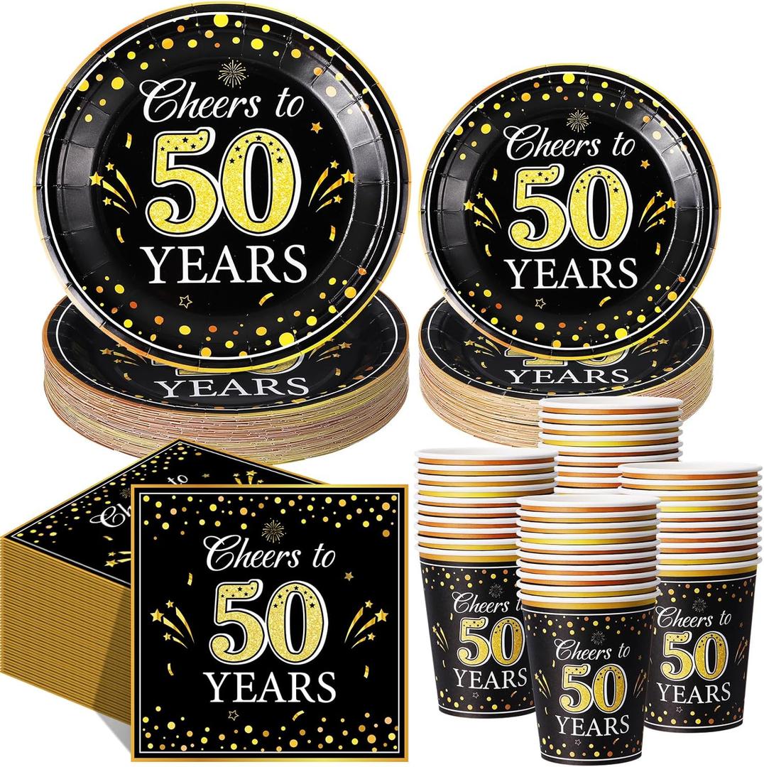 Pickmesh 250 Pcs 50th Birthday Party Supplies Decorations Serve 50 Black Gold Cheers to 50 Years Disposable Paper Plates Napkins and Cups for Women Men 50th Birthday Wedding Anniversary Party Supplies
