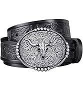 FIORETTO Western Cowboy Belts for Men Women Cowgirl Leather Belt Big Buckle Bull Belt for Jeans