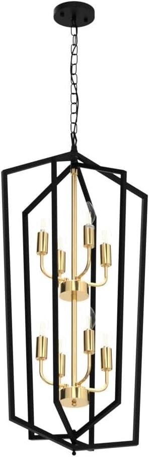 8-Light Lantern Tired Farmhouse Ceiling Hanging Light Black Chandelier Metal Modern Pendant Light Fixtures for Kitchen Island Dining Room Living Room Foyer Entryway-Brushed Brass