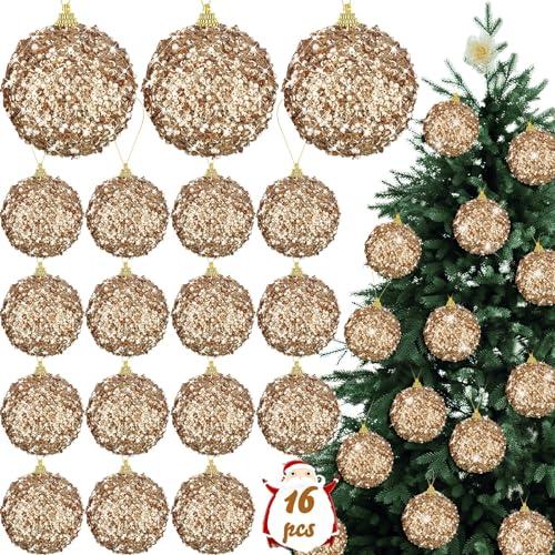 Liliful 16 Pcs 3.15 Large Christmas Ball Ornaments Glitter Christmas Decorations Tree Balls Hanging Ornaments for Xmas Wedding Home Tabletop Party Holiday Decor (Champagne Gold)