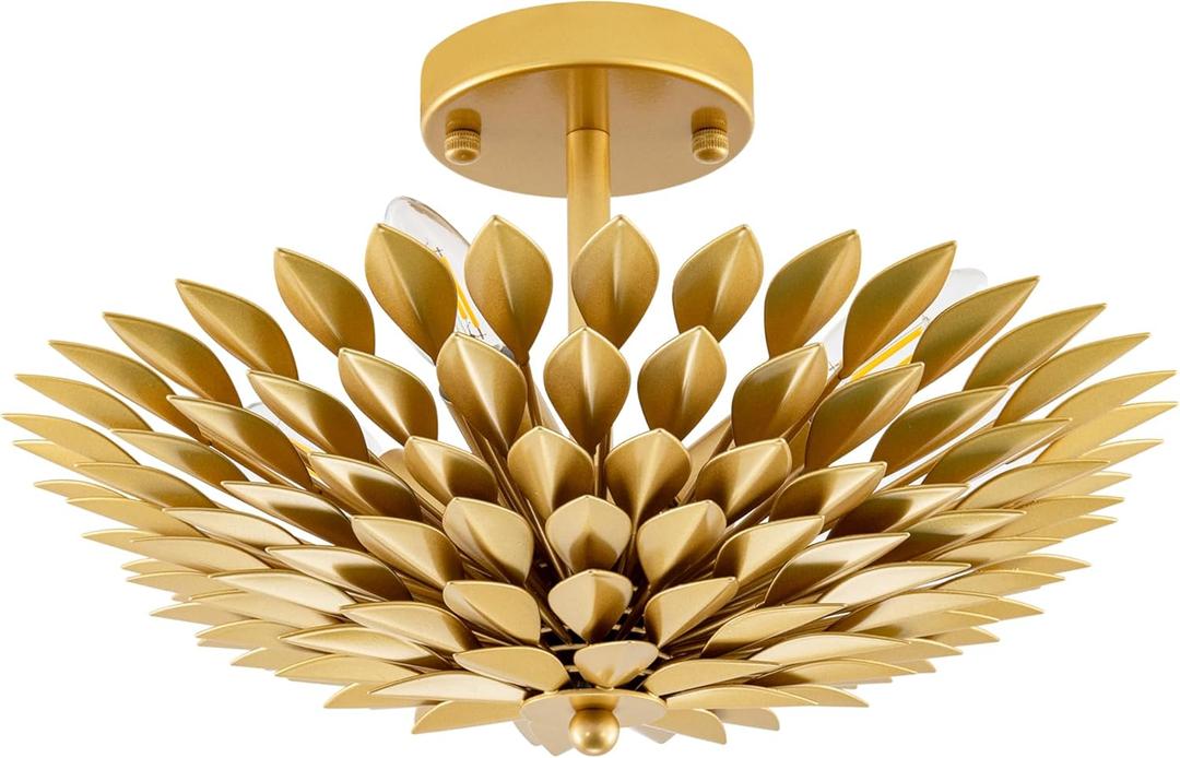 TOCHIC Flush Mount Ceiling Light Fixture, 4 Lights Farmhouse Chandelier for Dining Living Room, Modern Gold Leaf Light Fixture Semi Flush Ceiling Mount for Foyer, Hallway, Bedroom, W 15.75"