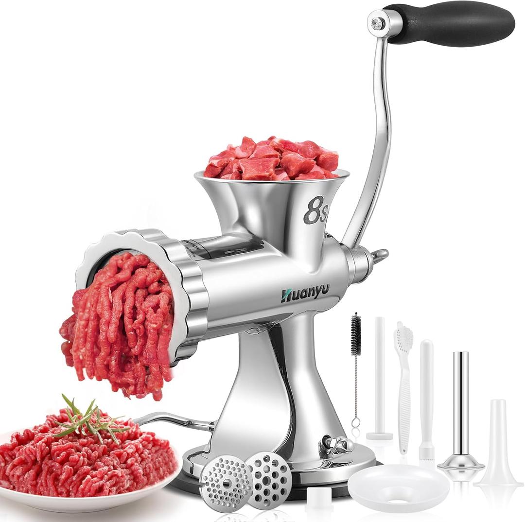 Huanyu Manual Meat Grinder - Heavy Duty Stainless Steel, Effortless Hand Crank for Fresh Ground Beef, Sausages & Pet Food - Compact, Dishwasher Safe - Perfect for Home Restaurant & Outdoor