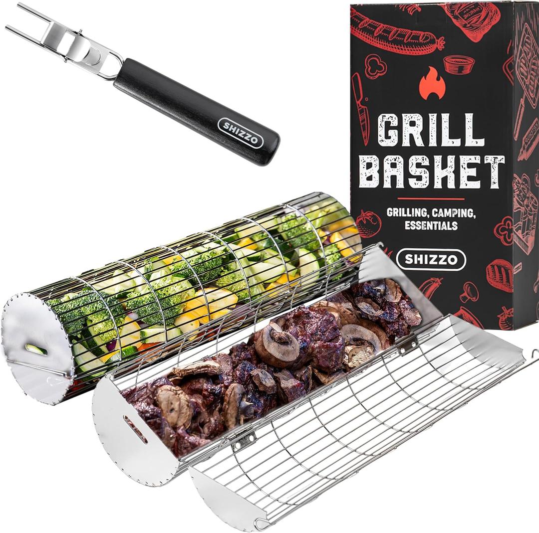Rolling Grill Basket, New Opening Design, Extra Sturdy Cylinder Grilling Basket, Food Grade Stainless Steel, Large Portable Outdoor Camping accessories BBQ Net Rack, Cooking Griller for Fish, Vegetables, and More - Gifts for Men Dad Husband - Set of 2