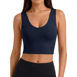 Aoysky Sports Bras for Women Long Line Workout Tank with Built in Bra V Neck Padded Yoga Tops U-Back (Blue, L)