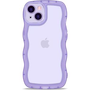 Anuck for iPhone 14 Case Wavy Edge Clear Back Design, Anti-Slip Grip Cute Wave Curly Frame Shape Shockproof Soft TPU & Hard Bumper Protective Phone Case Cover for Women Girls, Clear Purple