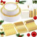 WELLIFE 190Pcs Gold Plastic Dinnerware - Disposable Silverware and Cups, Include:30 Dinner Plates, 30 Dessert Plates, 30 Paper Napkins, 30 Cups, 10 Gold Plastic Knife, Set for Party and Christmas
