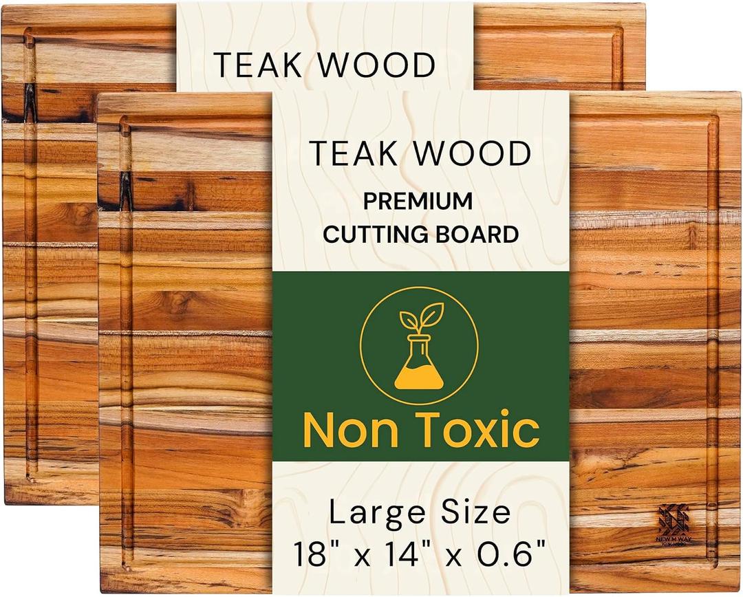 Teak Wood Cutting Board 18" x 14" x 0.6", 1-Piece Set for Kitchen Meat & Food Prep - Large Thin Edge Grain, Deep Juice Groove, Lightweight Solid Hardwood, Non-Toxic, BPA Free by New M Way