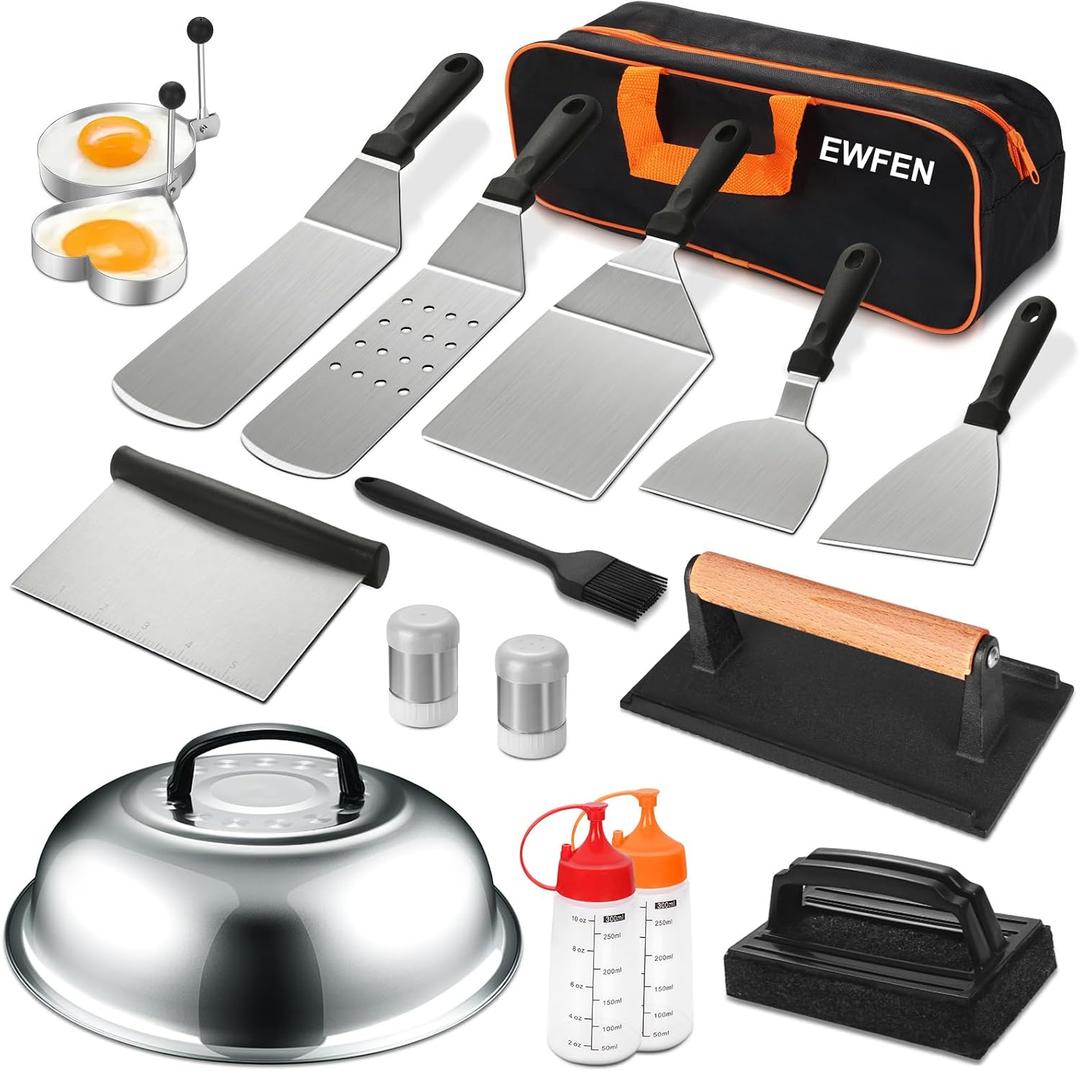 18PCS Griddle Accessories Kit, Flat Top Grill Accessories Set for Blackstone and Camp Chef, Grill Spatula Set with Enlarged Spatulas, Basting Cover, Scraper for Outdoor BBQ