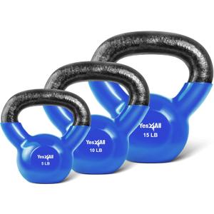 Yes4All Kettlebells 5 10 15 lbs Set Weight Vinyl Coated Cast Iron for Dumbbell Weights Exercises, Gym, Fitness, Full Body Workout Equipment Push up, Grip and Strength Training, Blue