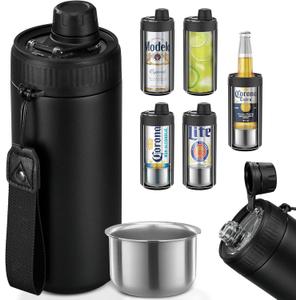 5-in-1 Insulated Can Cooler with Fizz Lid, 12 & 16 oz Slim Can Cooler for Beer&Soda, Stainless Steel Can Holder for Regular Universal Bottles (Black)