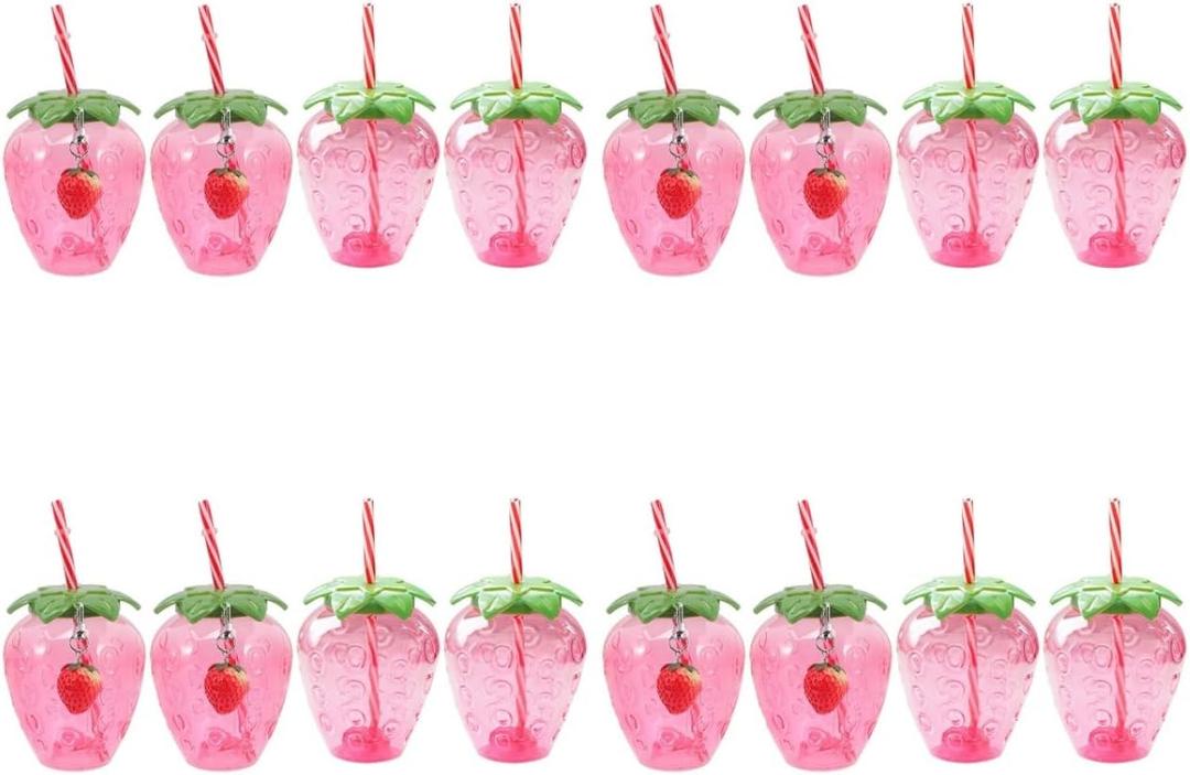 DOITOOL Strawberry Shaped Cups with Lids and Straws 16 Pcs Plastic Strawberry Drinking Tumblers for Girls Portable Milk Tea Cups for Parties and Everyday Use, 12.00X10.00X9.50cm/4.72X3.93X3.73inch