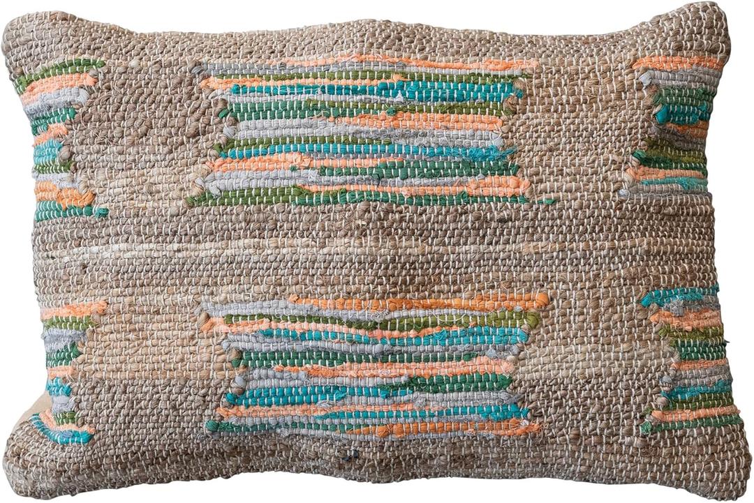 Creative Co-Op Hand-Woven Jute and Cotton Chindi Lumbar Pillow, Multicolor, 24 inches x 16 inches x 1 inch