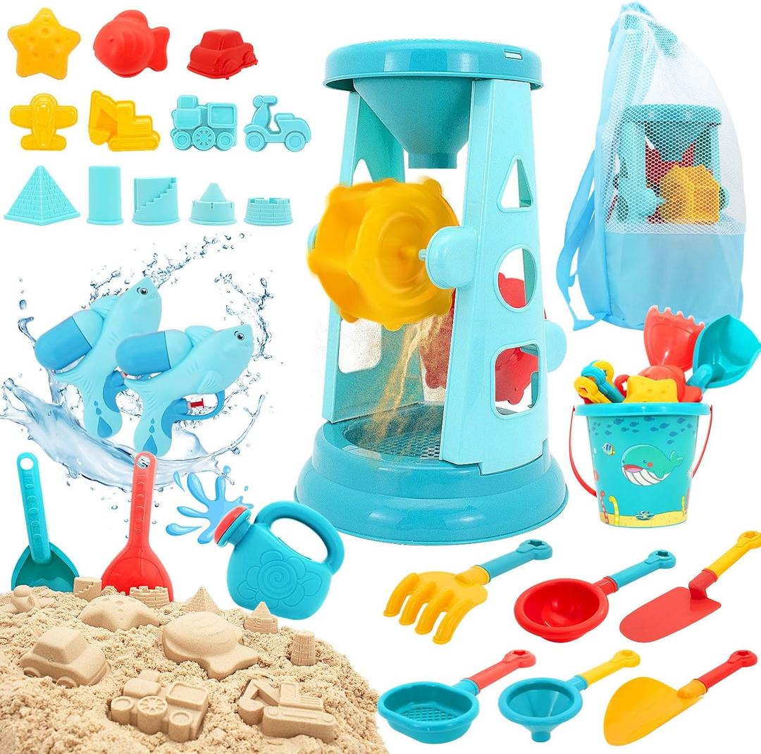 Beach Toys, 25 Pcs Sand Toys Set for Kids Including Water Gun, Sifting Funnel, Bucket, Watering Can, Sand Molds & Mesh Beach Toy Bag, Sandbox Toys for Toddlers 3-12