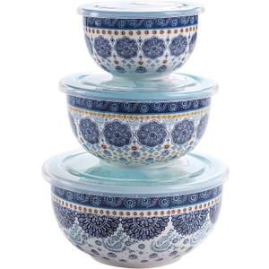Bico Blue Talavera Ceramic Bowl with Air Tight Lid Set of 3(27oz, 18oz, 9oz each), Prep bowls, Food Storage Bowl for Salad, Snacks, Fruits, Microwave and Dishwasher Safe