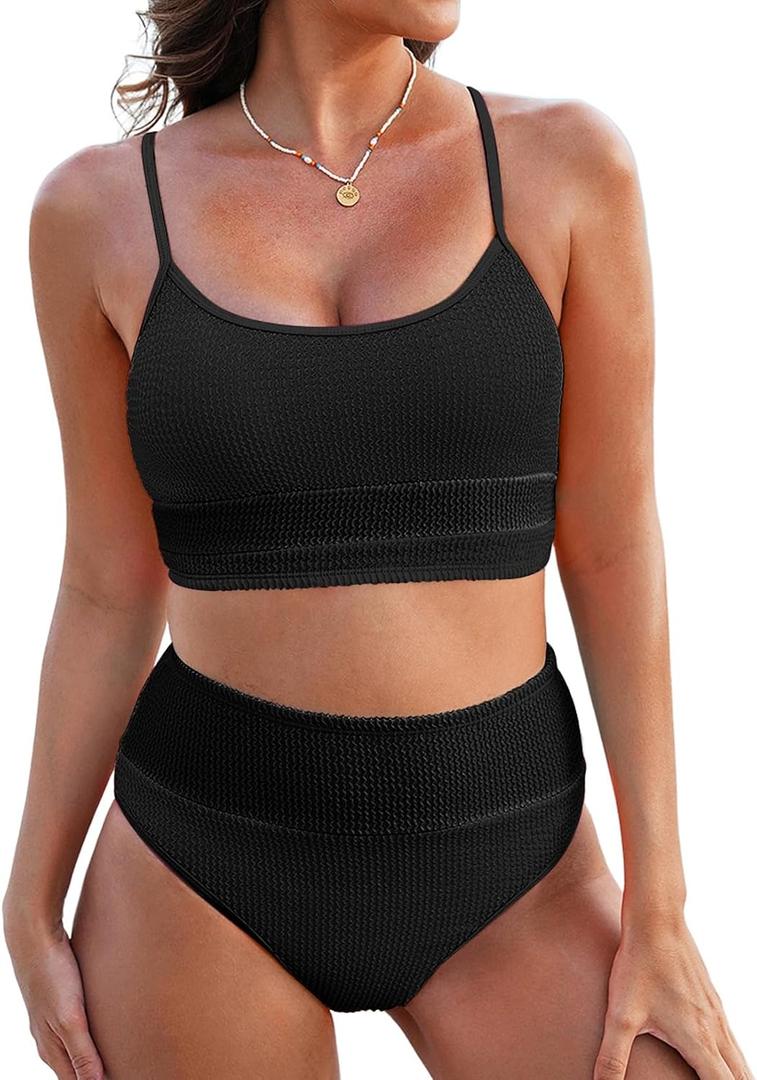 Herseas Women 2 Piece Bikini Set High Waisted Color Block Swimsuit 2025 Summer Beach Scrunch Ribbed Bathing Suit (Black, XL)