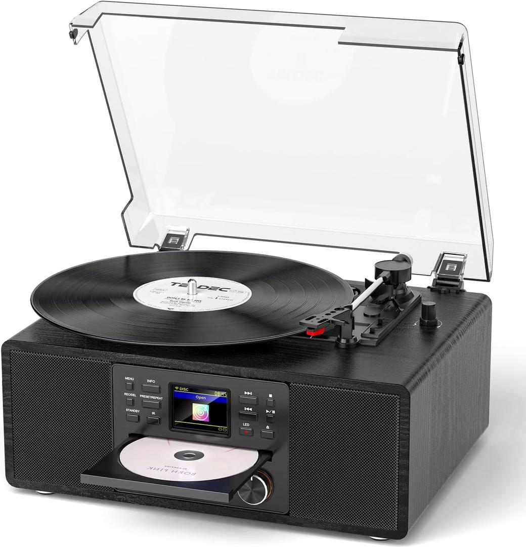 Vinyl Record Player with Speakers and CD Player Combo with Internet Radio, Treble/Bass Gain, Pitch, EQ, USB Recording, Alarm Clock & Sleep, 3-Speed Bluetooth Vintage Turntable Black Wooden
