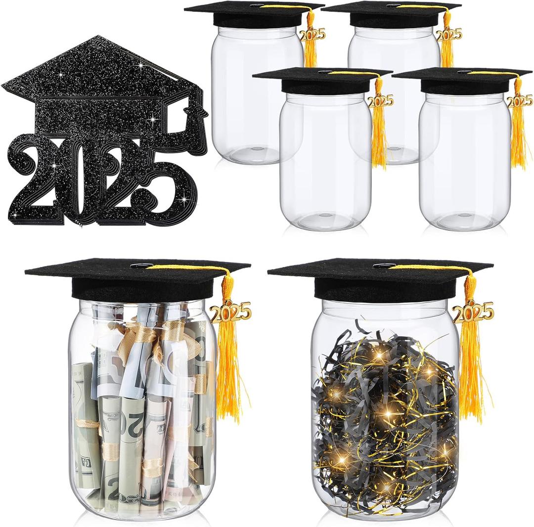 4 Set 2025 Graduation Mason Jars Class of 2025 Grad Cap Topper Centerpieces Money Jars 16 oz with Graduation Caps and Black Gold Raffia Decorations for Congrats Graduate Party Gifts