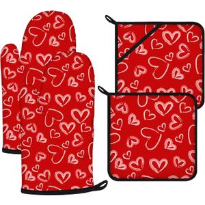 White Love Hearts Oven Mitts and Pot Holders Sets 4Pcs,Extra Long Oven Gloves Potholder for Kitchen Cooking Baking BBQ 100% Cotton Heat Resistant