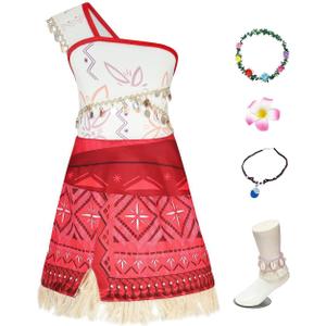 AOVCLKID Girls Adventure Costumes Moana Princess Birthday Party Dress Halloween Cosplay Outfits with Accessories(4-5 Years,Red)